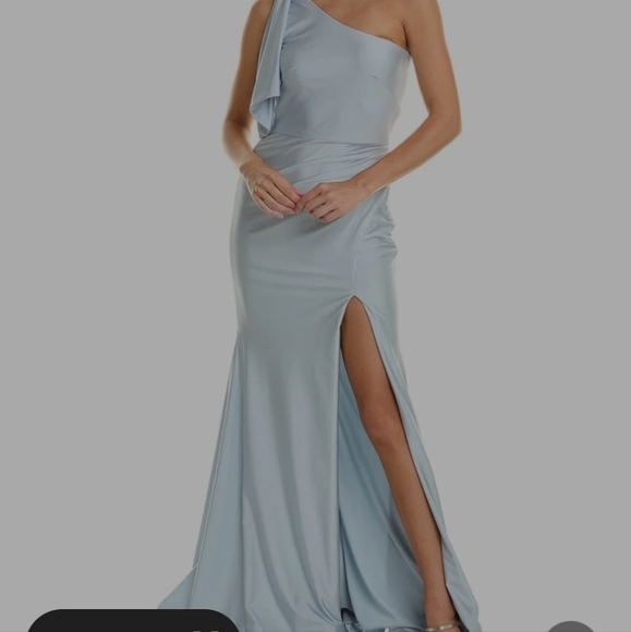 Blue Asymmetrical One-Shoulder Gown with Slit for Weddings - Picture 1 of 13